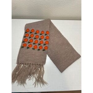 Cozy Knit Scarf Orange Floral Embroidered Fringe Warm Winter‎ Accessory